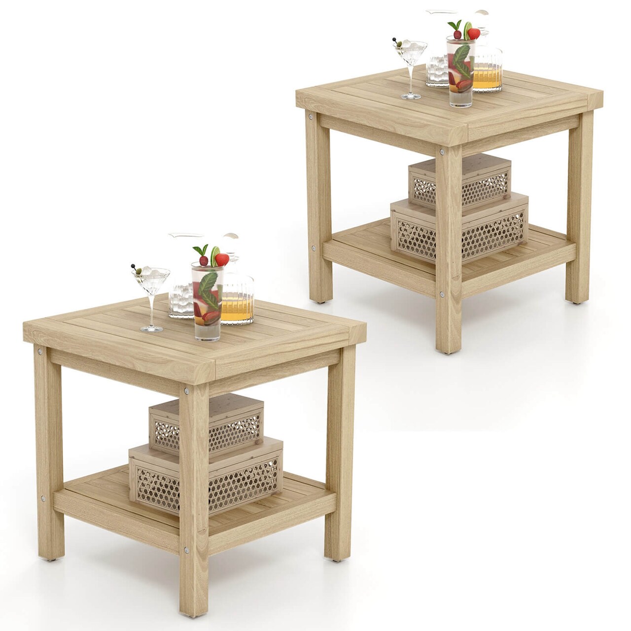 Costway 1/2 PCS 2-Tier Outdoor Side Table, Teak Wood End Table with Storage Shelf Natural